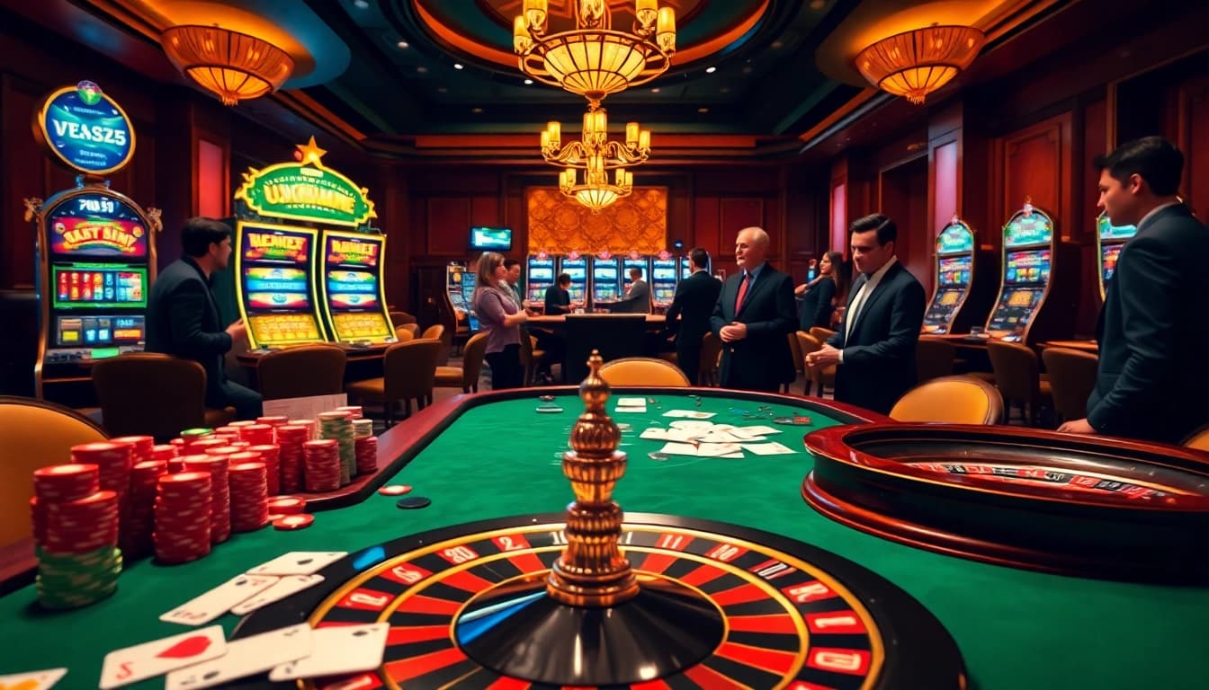 Join the action at https://vb88.social/ with an engaging casino scene featuring lively games, chips, and a roulette wheel.