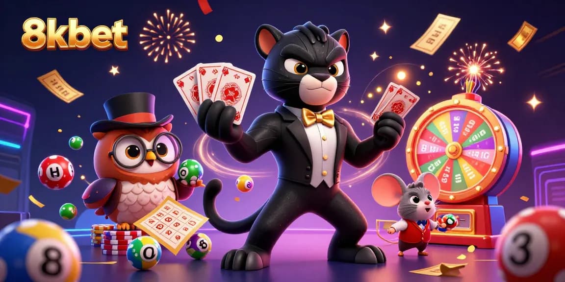 Engage with 8xbet's vibrant cartoon scene featuring a panther dealer, festive effects, and dynamic gambling elements.