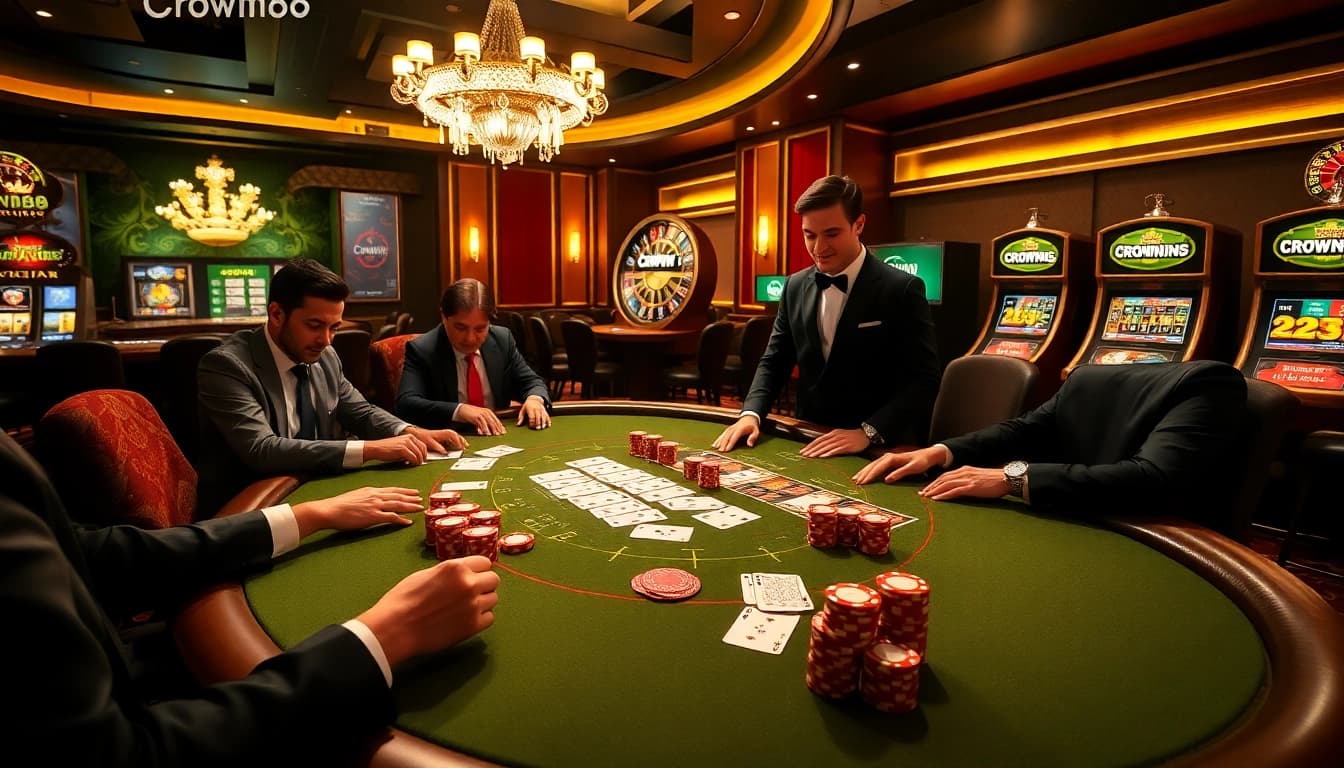 Crown88 poker table with players, chips, and glamorous casino ambiance.