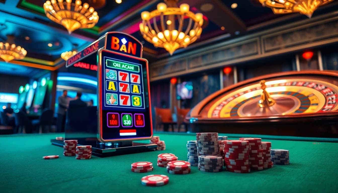 Experience the thrill of qqmacan slot with vibrant colors and luxurious casino atmosphere.