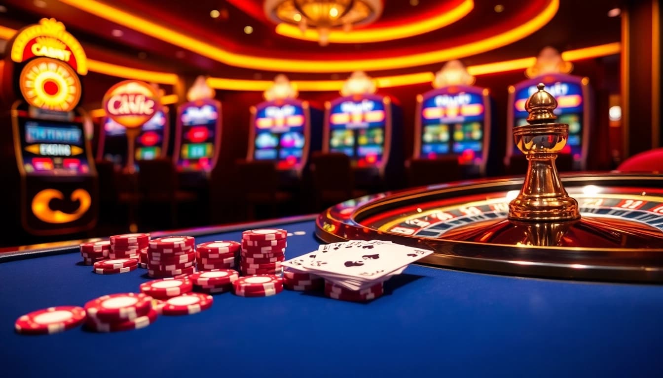 Experience the excitement of rr88.se.net with luxurious casino tables, vibrant poker chips, and roulette wheels.