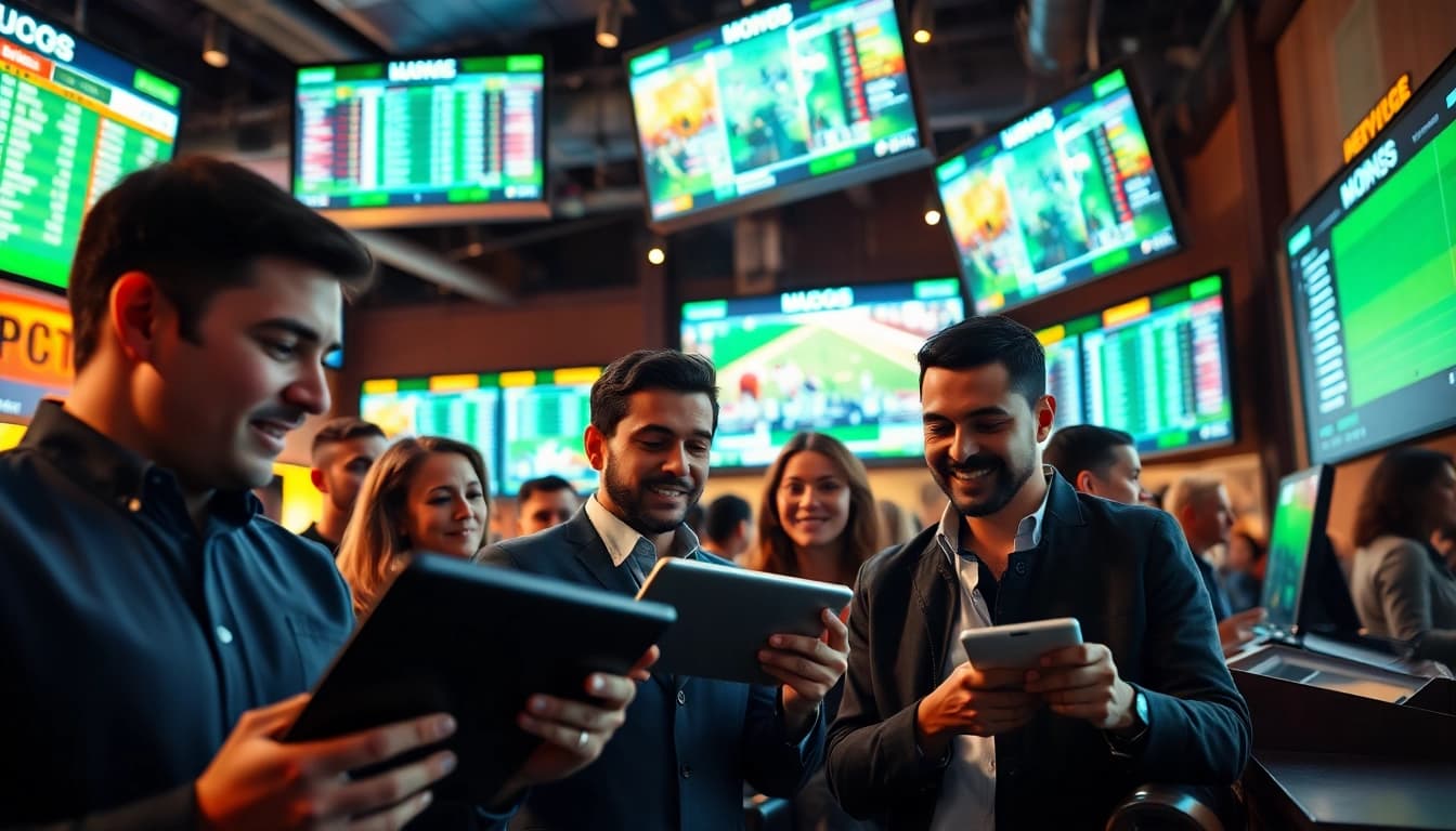 Engaged bettors participating in sports betting with live odds displayed in a modern sportsbook.