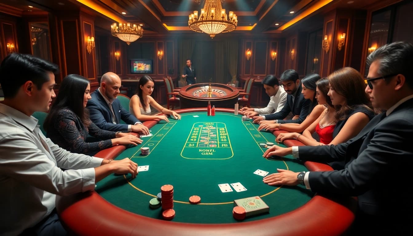 Exciting gamebai action at a luxurious casino table with players and poker chips.