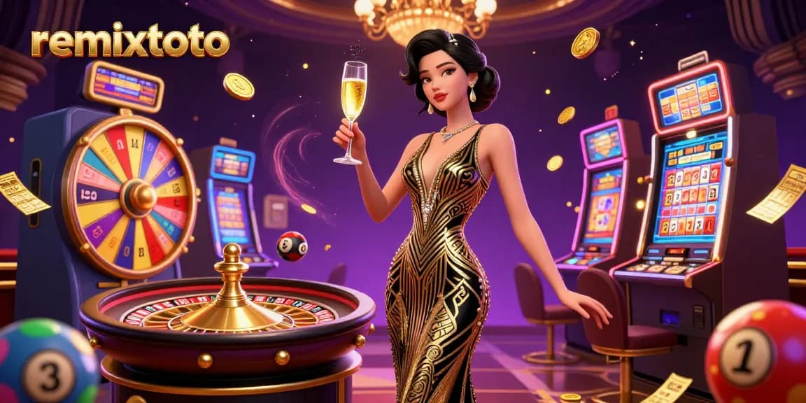 Experience winning moments at remixtoto with vibrant slot machines, roulette wheels, and falling gold coins in an engaging casino scene.