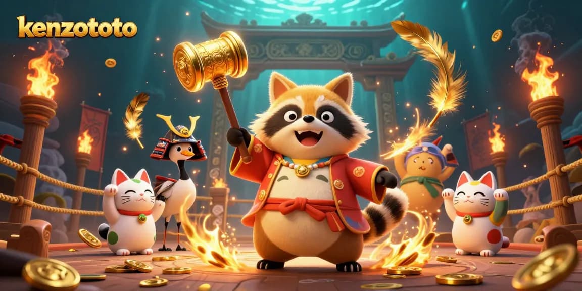Spin to win big with kenzototo as the cheerful tanuki and friends celebrate fortune with vibrant colors and dynamic energy.