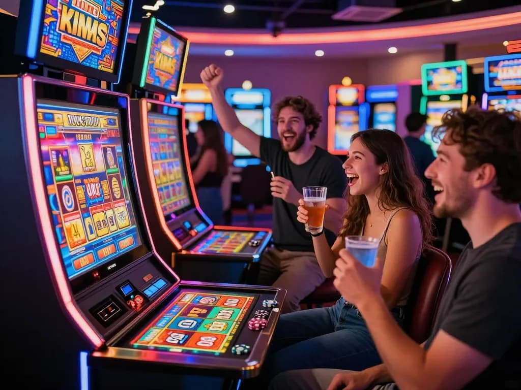 Exciting group playing link slot machines in a vibrant casino.