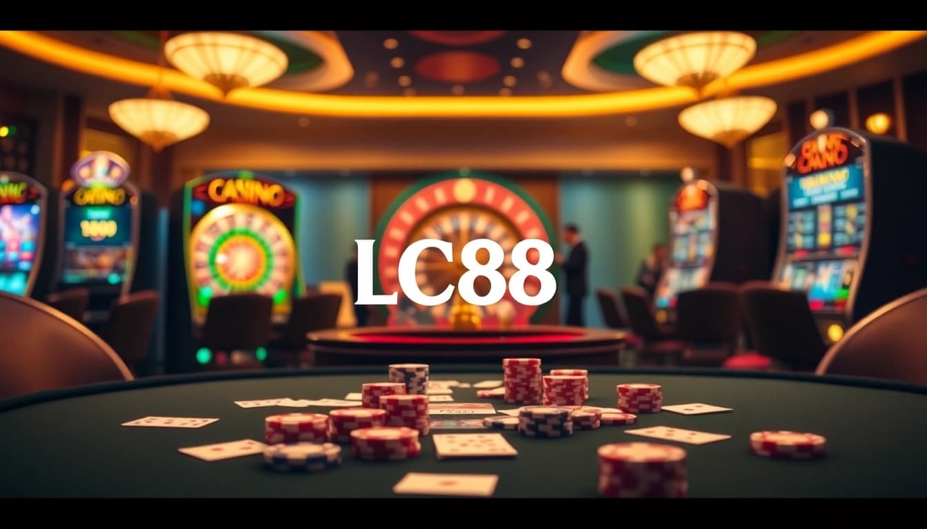Experience the excitement at LC88 casino with poker chips, cards, and roulette.