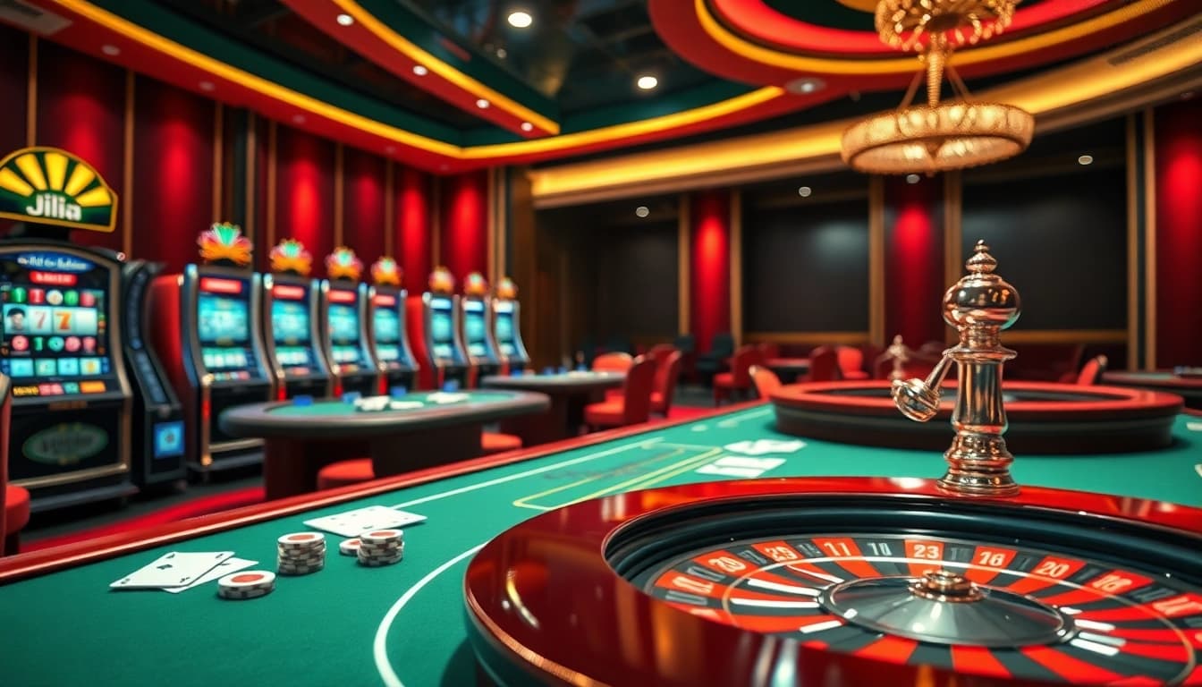 Exciting home jili7 online casino gaming interface with poker tables and slot machines.