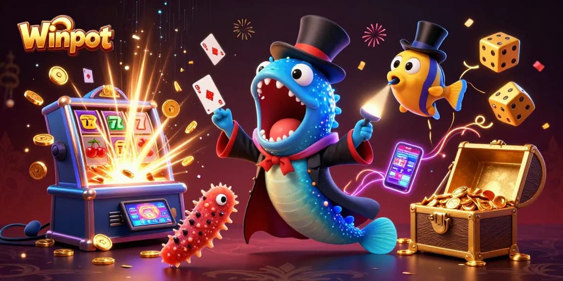 Winpot showcases bioluminescent characters engaging in exciting casino magic and jackpots.