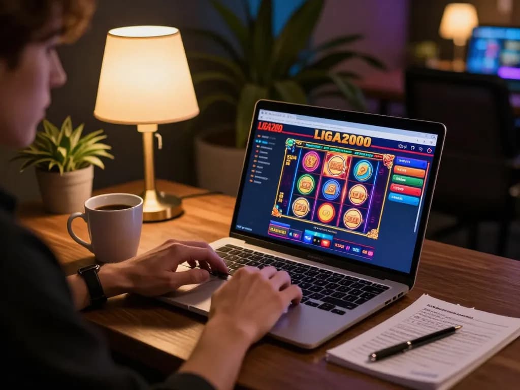 LIGA2000 screen showing a thrilling online casino game while a player enjoys coffee in a cozy environment.