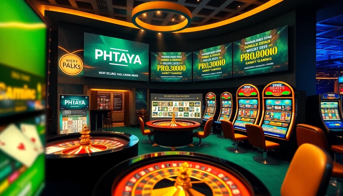 PHTAYA offers thrilling online gaming, featuring poker cards and a roulette wheel in an upscale casino setting.