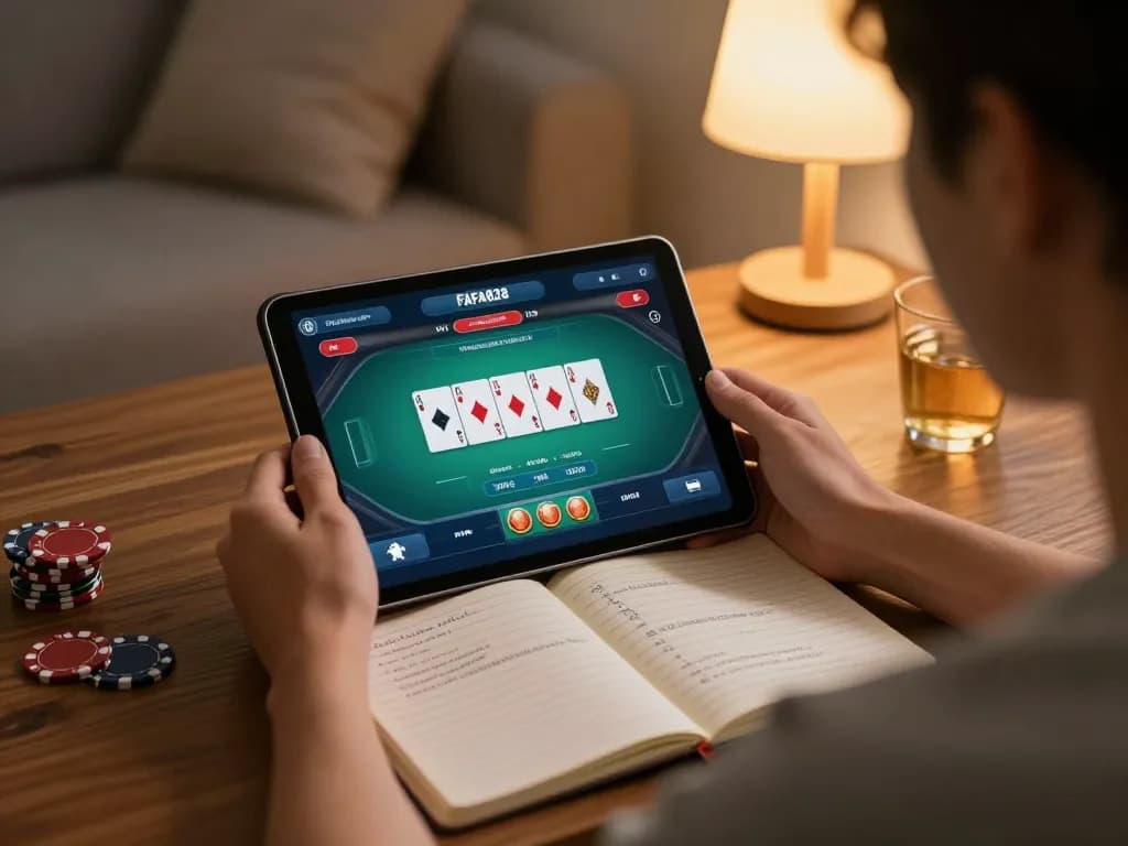 Engaging with FAFA828's gaming interface on a tablet in a cozy home setting.