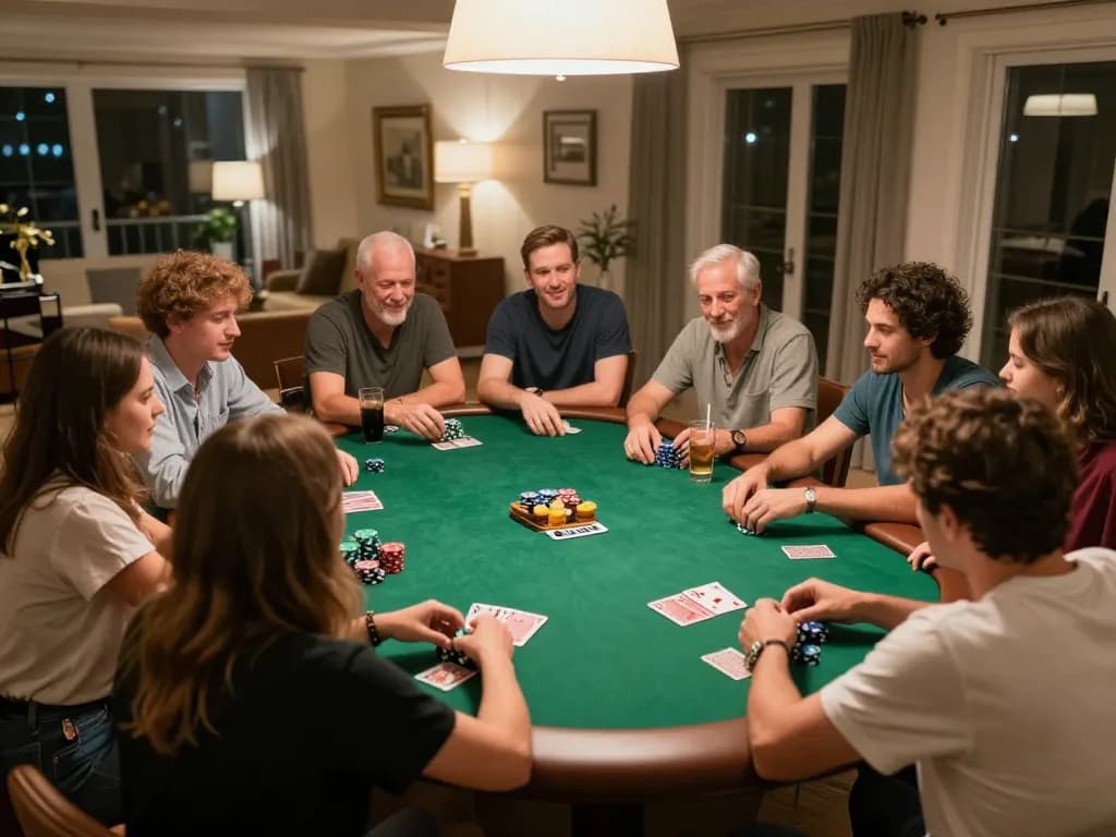 Friends enjoying a competitive poker game night at home, showcasing cm88 gaming strategies in a lively environment.