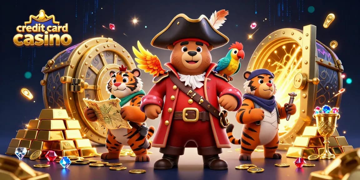 Join the adventure at a vibrant credit card casino, featuring treasure and animated characters.
