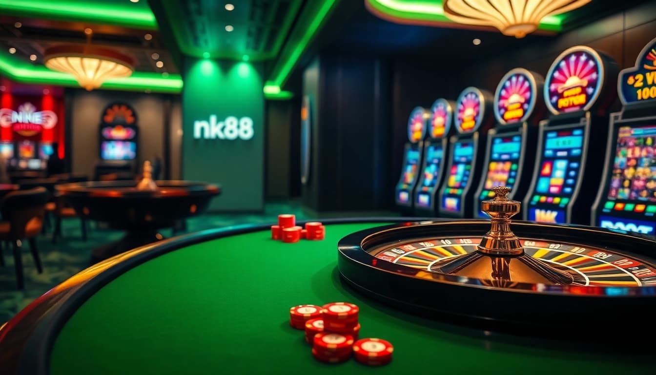 Gamblers enjoying a vibrant nk88 casino experience with roulette and poker tables.