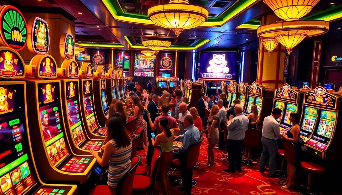 Exciting gameplay at Lucky Neko PG Soft แจ็คพอตแตก slot machines in a luxurious casino.