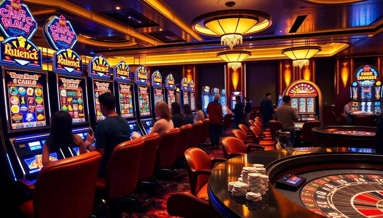 Players enjoying slot machines in a lively casino atmosphere with vibrant lighting and excitement.
