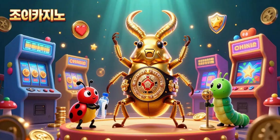 Experience the thrilling action at 조이카지노 with a dynamic casino scene featuring a golden stag beetle champion, vibrant games, and engaging energy.