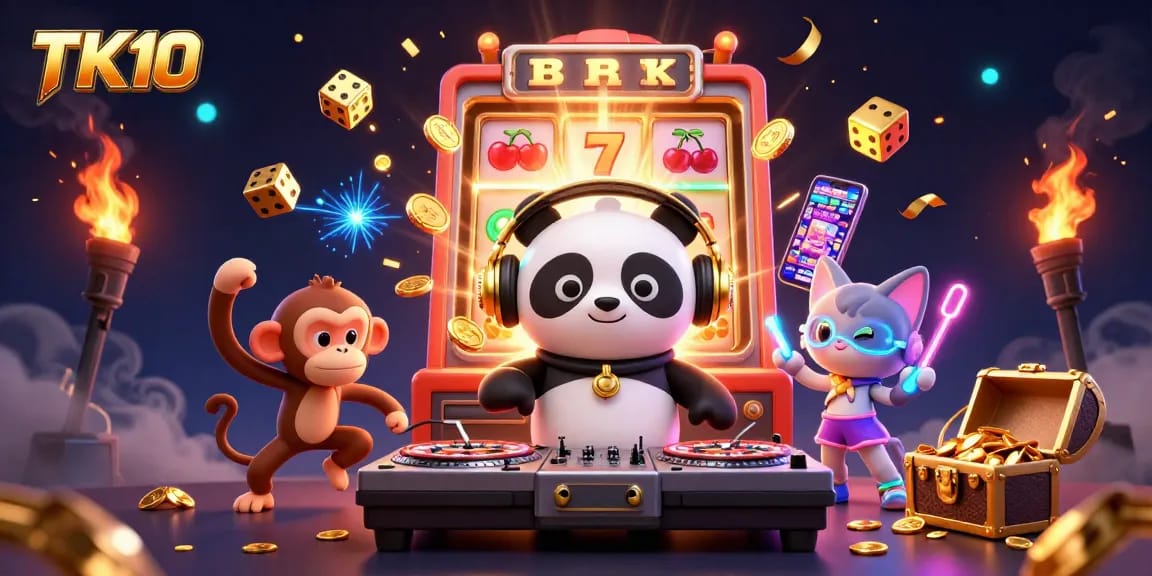 Experience the exciting world of TK10 with a vibrant casino scene featuring characters and game elements, showcasing jackpot wins.