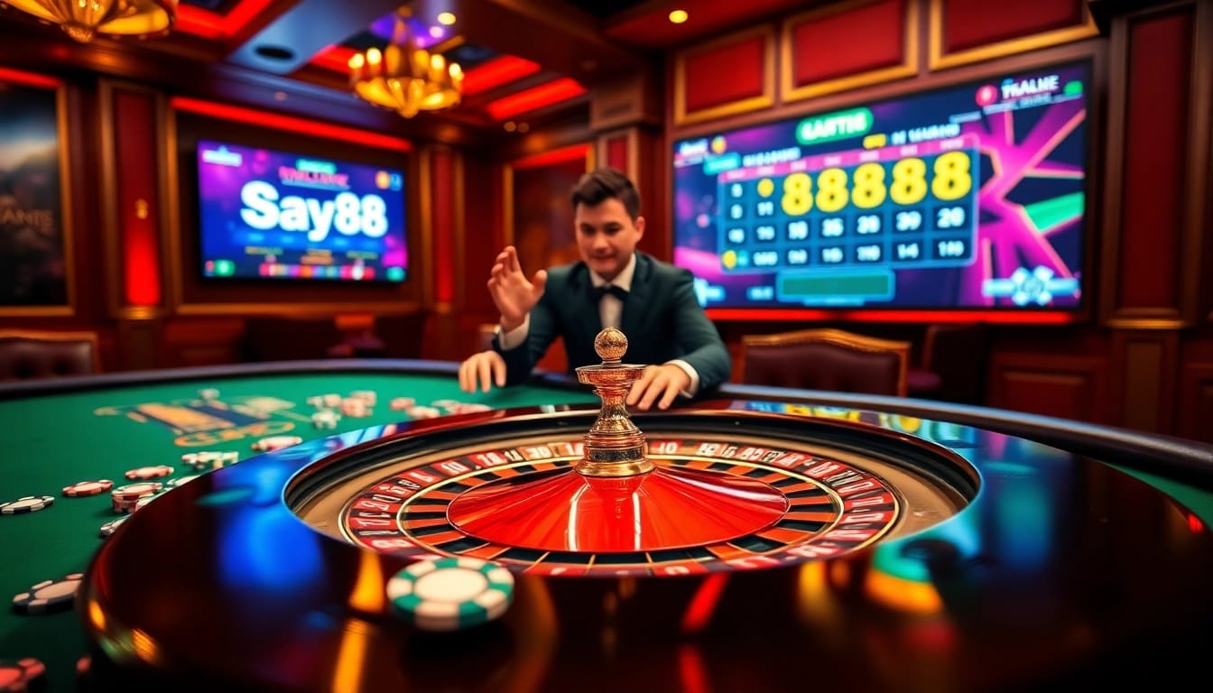 Experience thrilling betting at say88 nhà cái with vibrant casino elements, including roulette and poker chips.