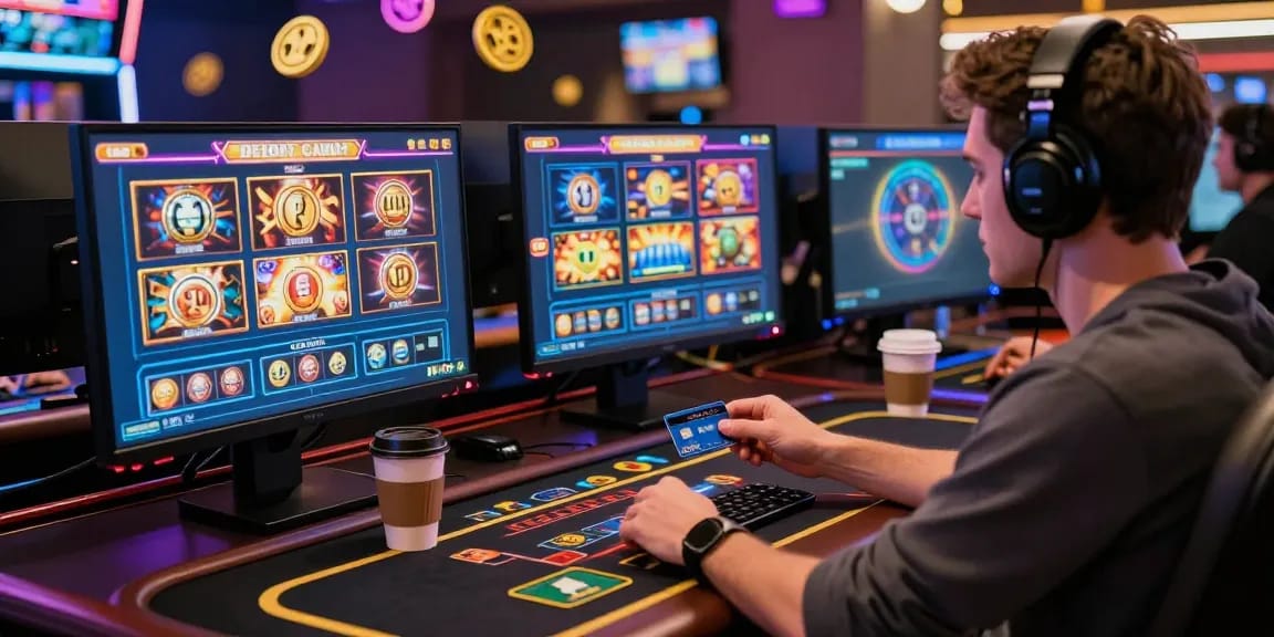 Engaged player at credit card casinos enjoying vibrant online gaming setup with live dealer tables and slot games.