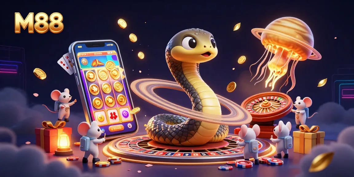 Bet on M88's cosmic roulette with a snake and astronaut mice in this vibrant 3D casino scene.