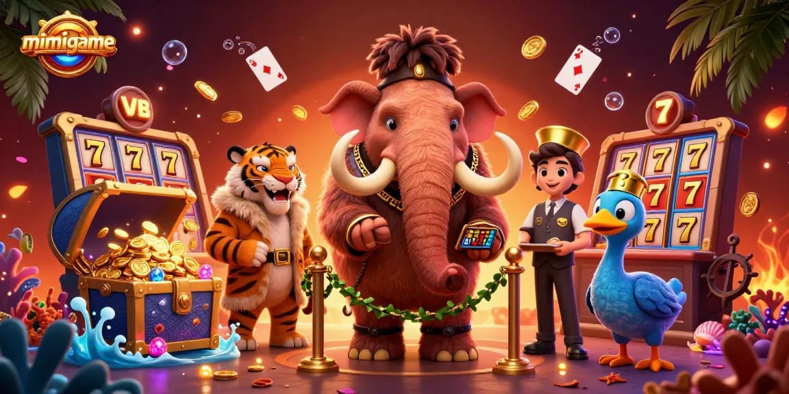 Experience mimigame excitement with a whimsical casino scene featuring unique characters and vibrant game elements.