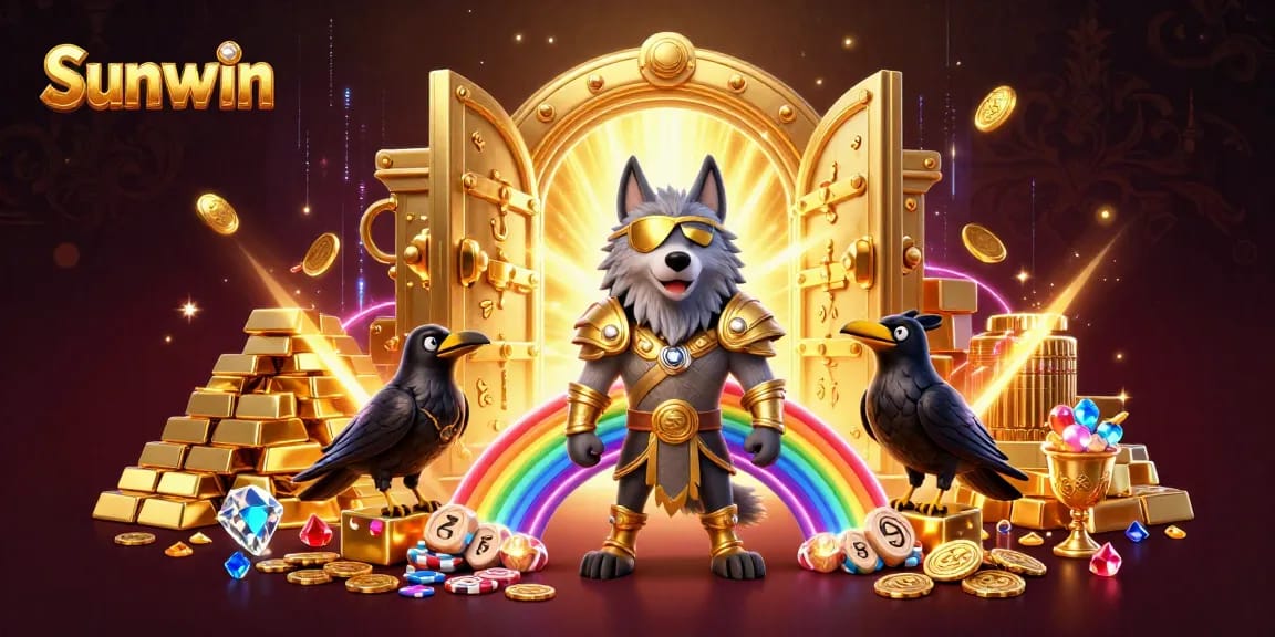 Sunwin promotes a captivating scene with Odin, his ravens, and vibrant casino elements, celebrating gaming excitement.