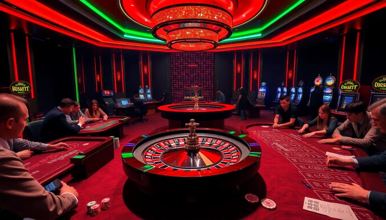 Players engaging with roulette and poker at fun79.today casino in a vibrant gaming hall.