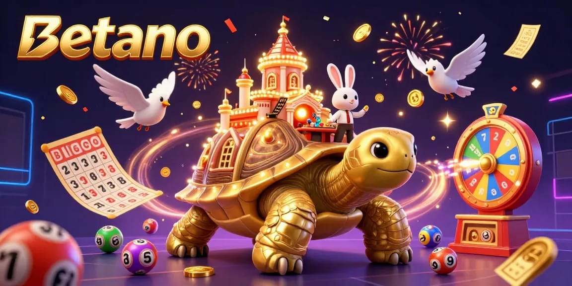 Experience the excitement of Betano's gaming with a vibrant 3D illustration featuring a casino on a tortoise's shell.