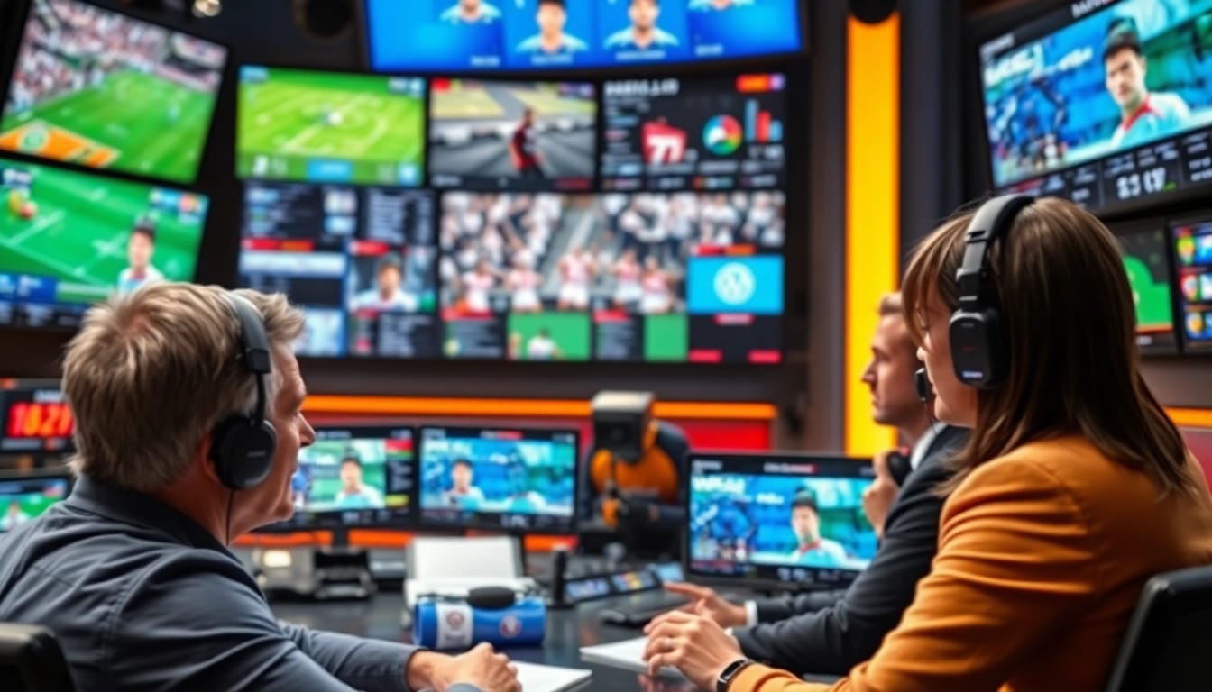Dynamic sports broadcasting studio showcasing hosts discussing live events and data.