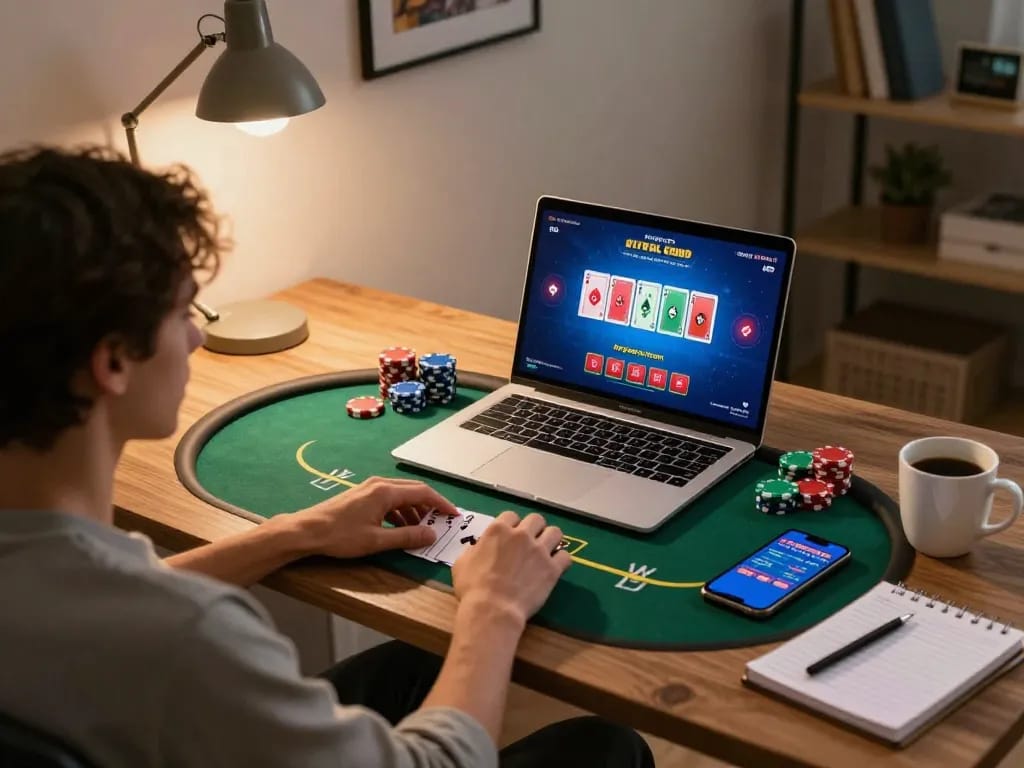 Bbet player engages in strategic online poker gaming at stylish home office