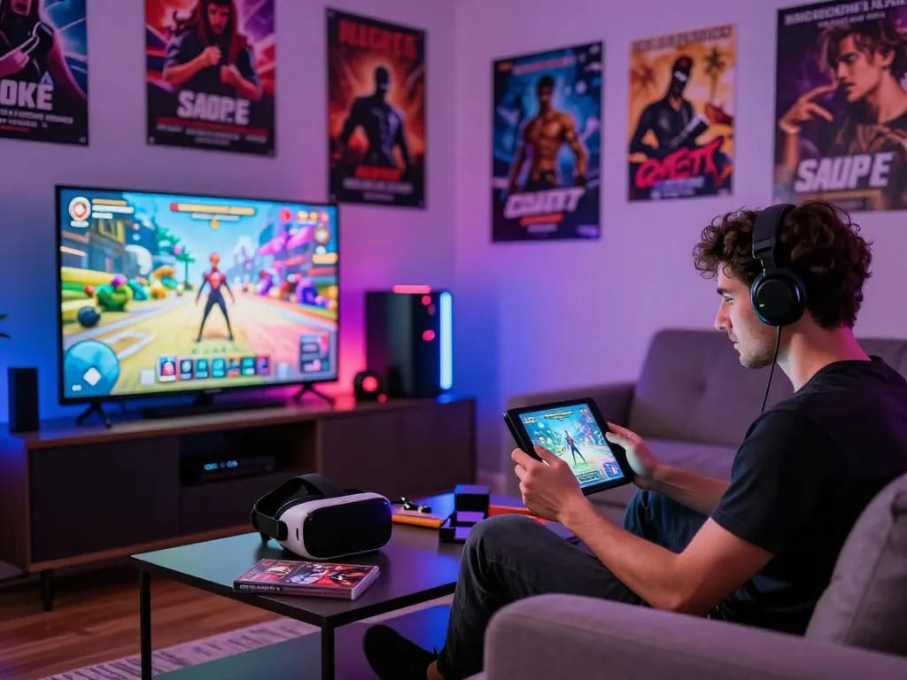 Engaged gamer enjoying a sex game on a tablet in a cozy living room.