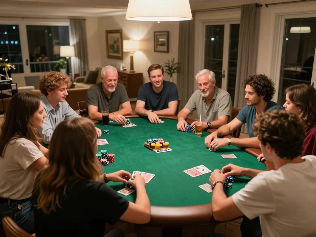 Friends enjoying a competitive poker game night at home, showcasing cm88 gaming strategies in a lively environment.