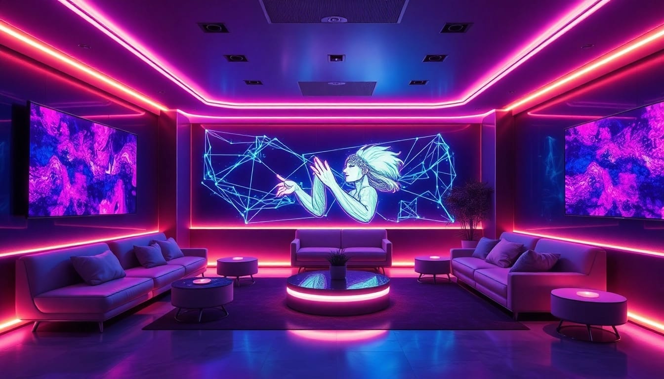 Engaging AI nsfw virtual lounge with ambient lighting and modern aesthetics.