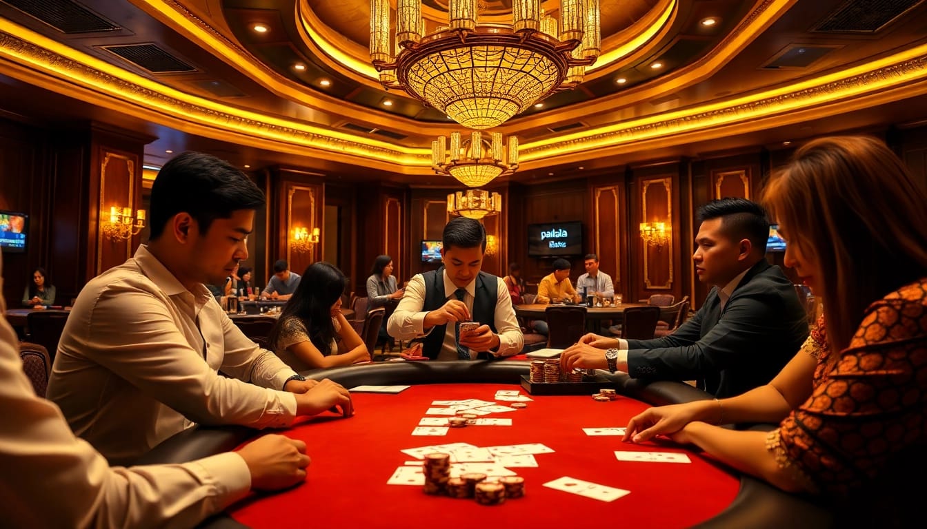 Pahala4d players strategizing during a high-stakes poker game in a luxurious casino.