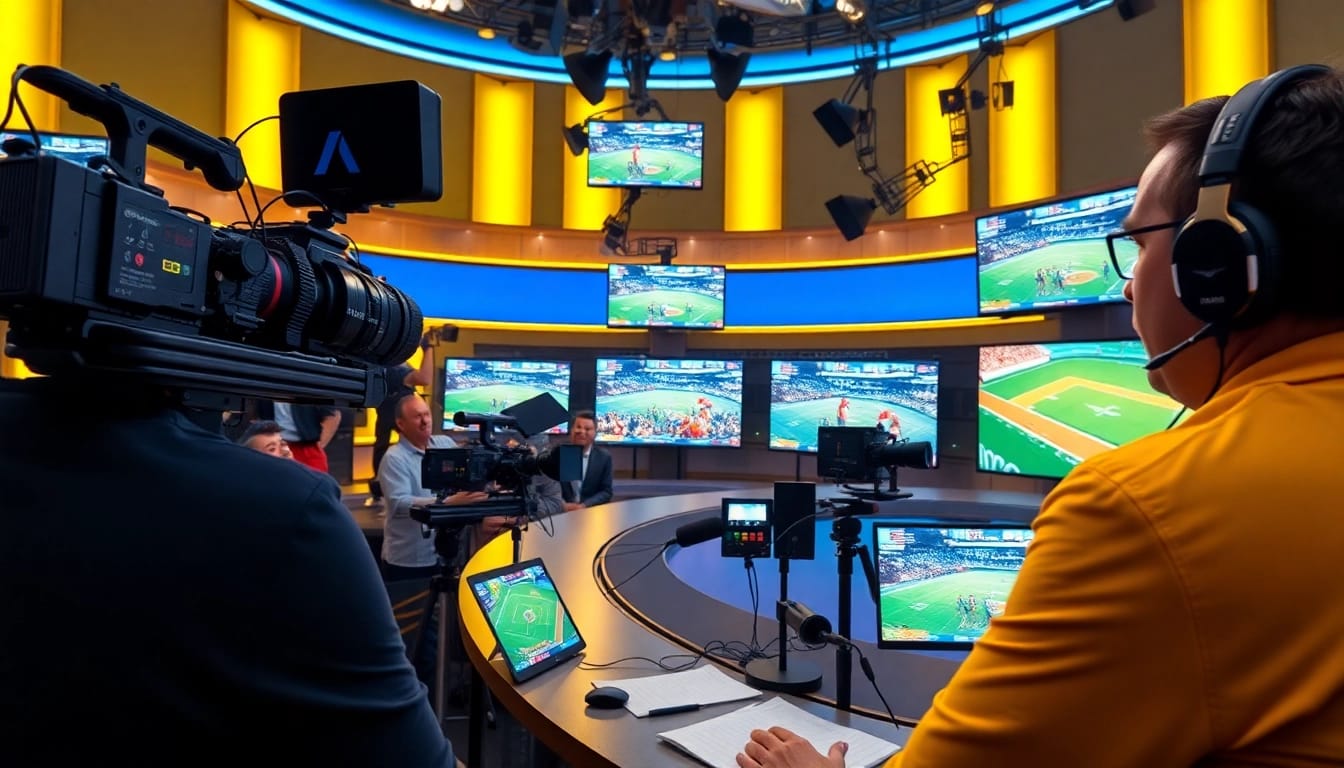 Dynamic sports broadcasting studio showcasing vibrant interactions and modern equipment.