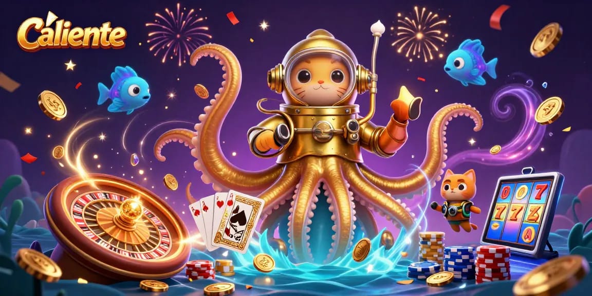 Experience Caliente's captivating gambling energy with a kraken and diving cat amidst dazzling casino elements.