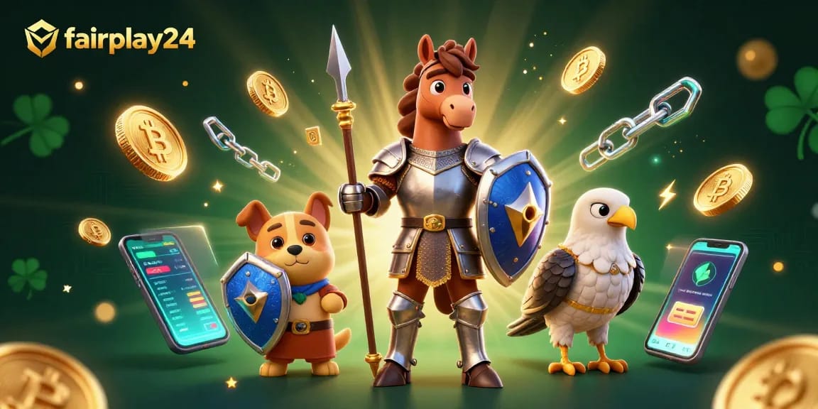 Engage in thrilling betting action with fairplay24, featuring knights and crypto elements in a vibrant 3D scene.