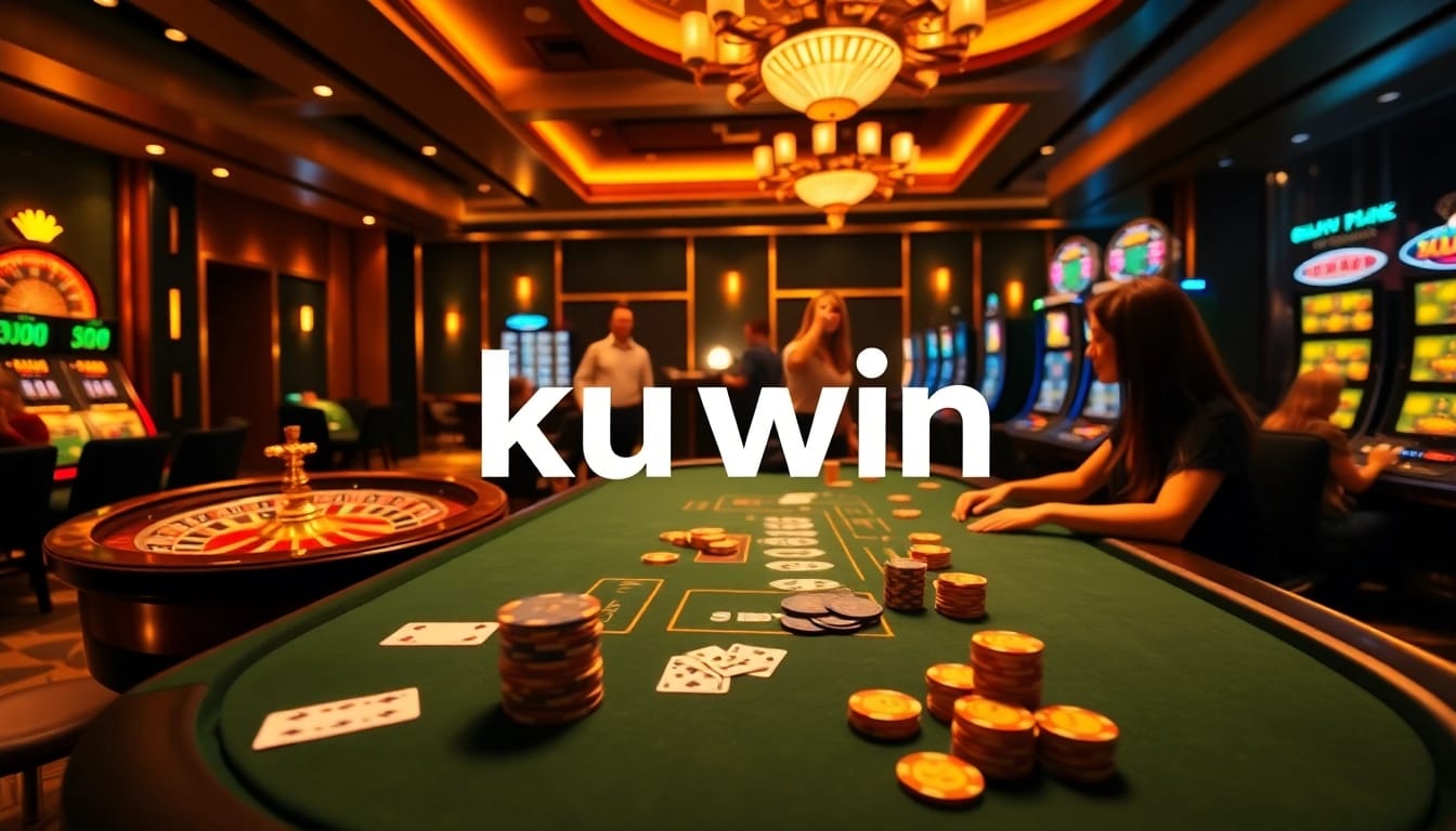 Kuwin online casino scene with exciting gameplay, professional poker table, and roulette wheel.