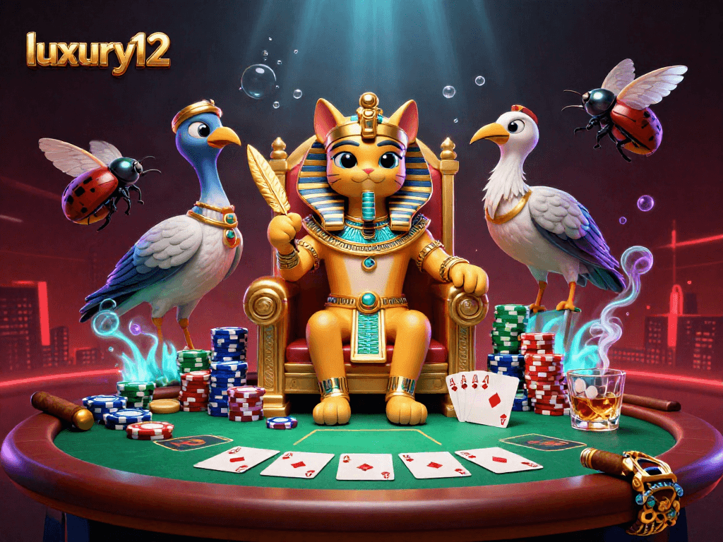 Luxury12 showcases an engaging poker scene with an Egyptian pharaoh cat and vibrant casino elements.