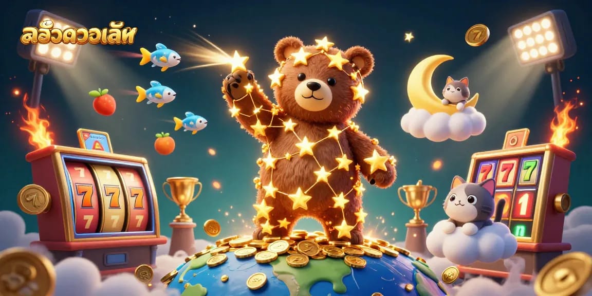 Experience thrilling สล็อตวอเลท action with dynamic 3D characters and casino elements in a vibrant scene.