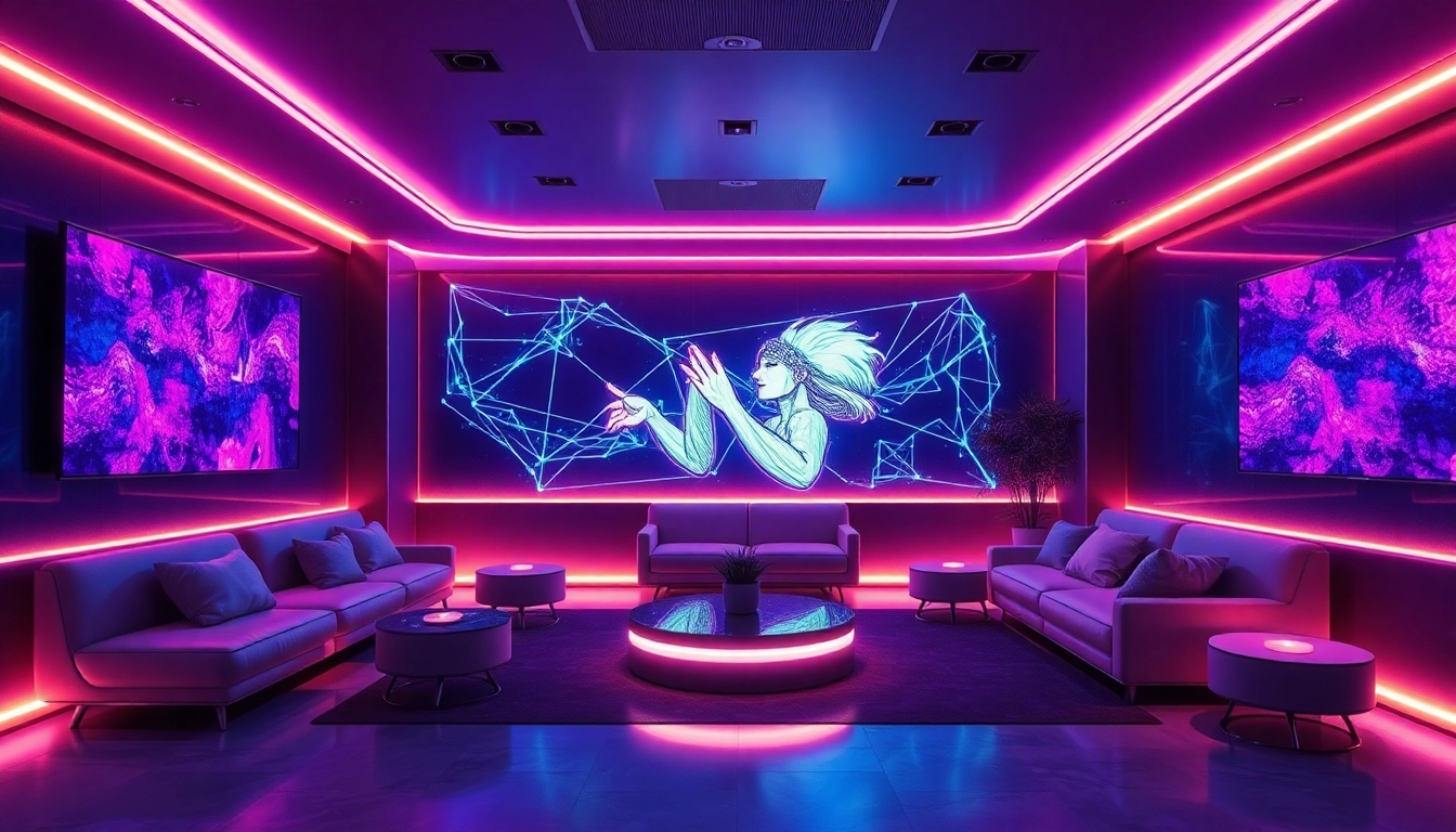 Engaging AI nsfw virtual lounge with ambient lighting and modern aesthetics.