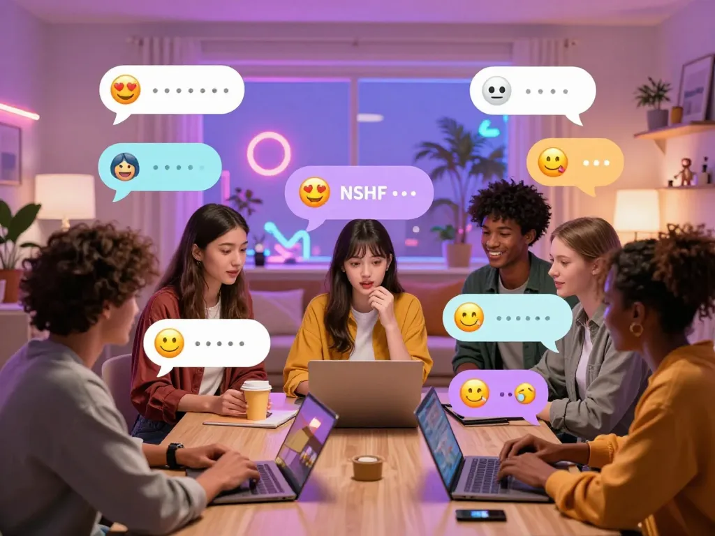 Engaging NSFW chat scene with diverse avatars communicating in a vibrant digital setting, showcasing playful interactions.