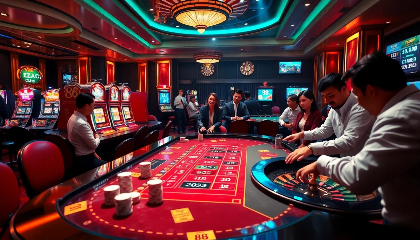 Players enjoying an exciting casino experience at 88i with vibrant slot machines and poker chips.