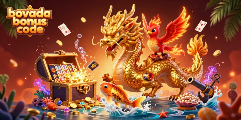 Play and win with the Bovada bonus code, featuring a vibrant dragon and phoenix in a casino adventure scene.