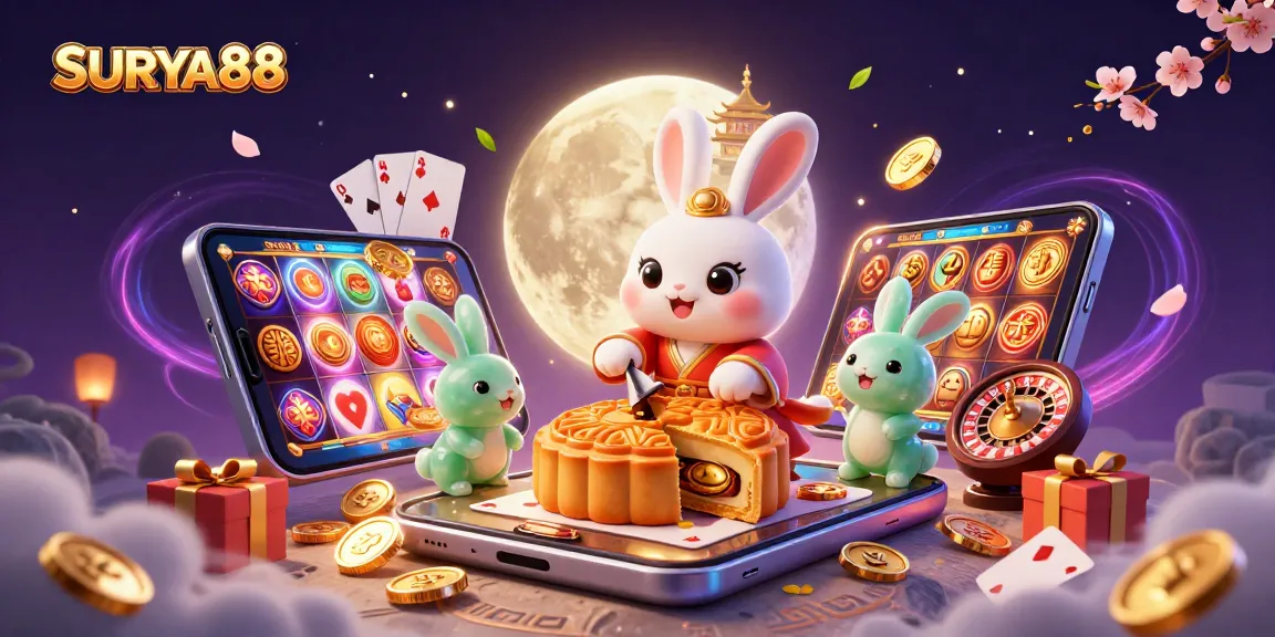 SURYA88 showcases a magical scene with a moon rabbit and casino elements on lunar soil for gamers.
