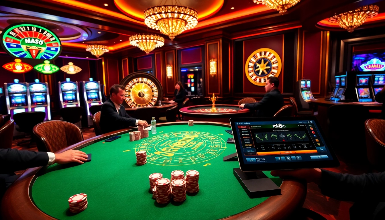 Experience lively poker gameplay and vibrant casino atmosphere from https://mk8.ac/ featuring poker tables and slot machines.