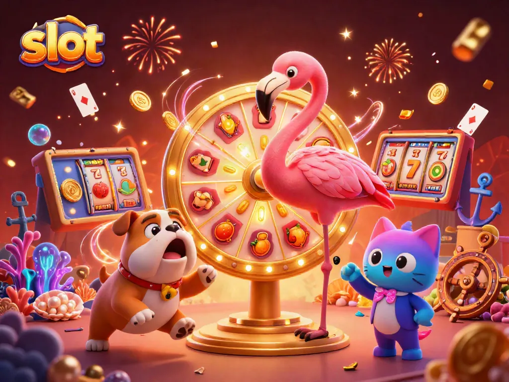 slot bertema kasino yang menggembirakan dengan flamingo dan bulldog meraung dalam kegembiraan.