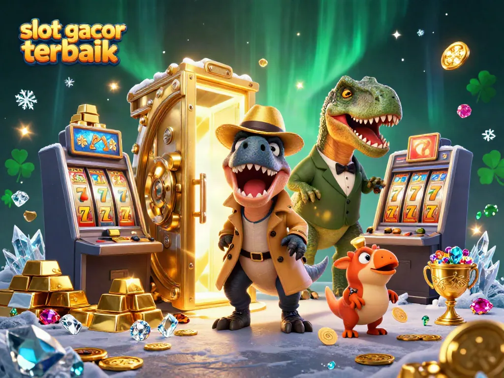 Slot gacor terbaik dengan velociraptor sedang bermain mesin slot, dikelilingi harta berkilau